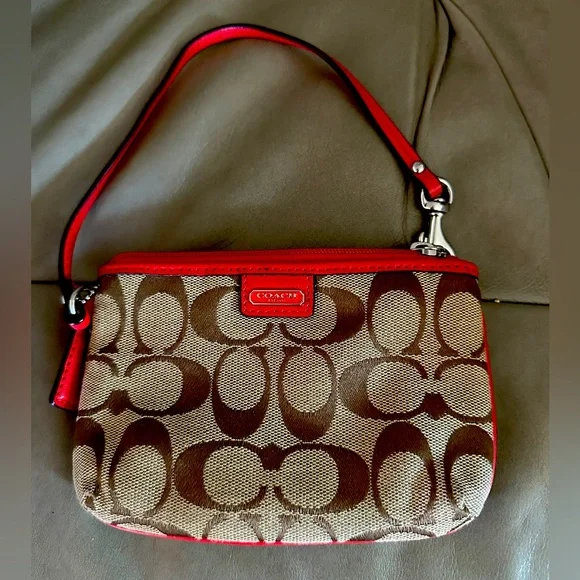 Coach Brown and Red Signature Wristlet - Picture 1 of 2